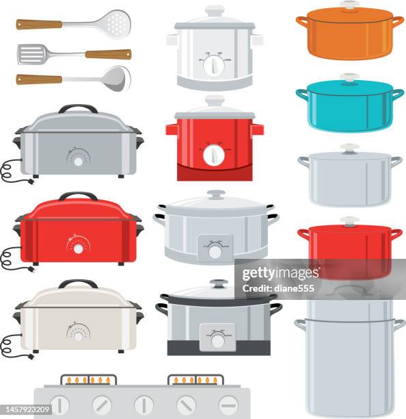 bildbanksillustrationer, clip art samt tecknat material och ikoner med set of cooking pots, slow cooker, crock pot, dutch oven - serveringsredskap