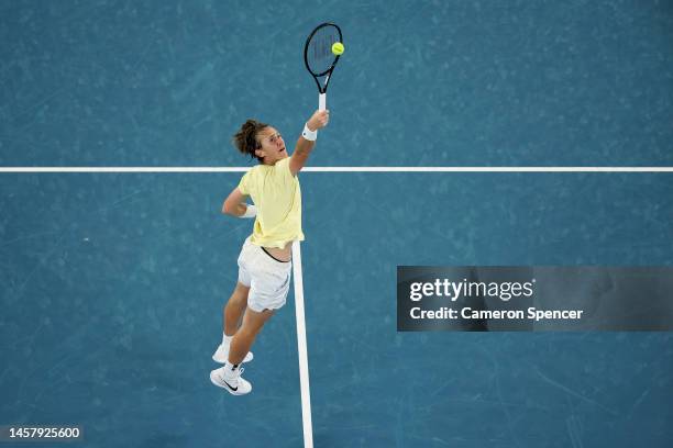 Sebastian Korda of the United States plays a shot during the third round singles match against Daniil Medvedev during day five of the 2023 Australian...