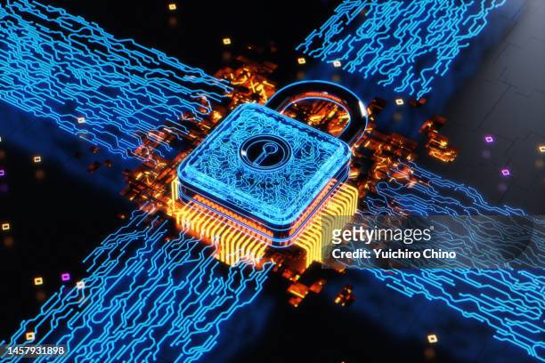 security padlock and futuristic circuit board - padlock stock pictures, royalty-free photos & images