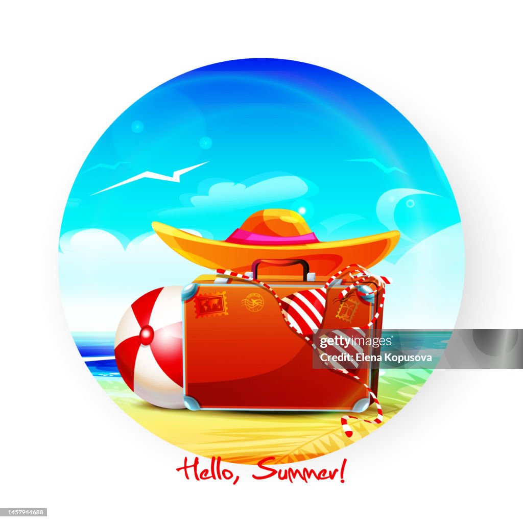 Summer travel and beach holiday concept in cartoon style. Luggage, Panama, ball and swimsuit on the beach in a circle against the background of the sea shore, isolated on a white background.