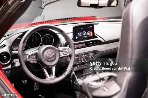 Mazda MX-5 Skyactiv-G compact convertible sports car interior at Brussels Expo on January 13, 2023 in Brussels, Belgium.