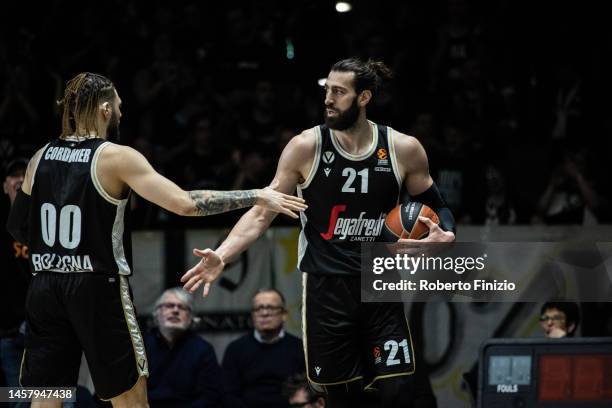 Isaia Cordinier of Virtus Segafredo Bologna and Tornike Shengelia of Virtus Segafredo Bologna in action during the 2022/2023 Turkish Airlines...
