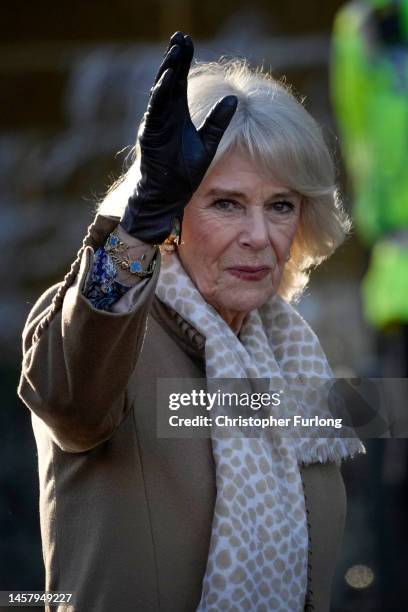 Camilla, Queen Consort meets members of the public as she leaves Bolton Town Hall during a tour of Greater Manchester on January 20, 2023 in Bolton,...