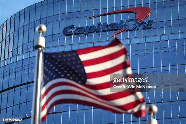 The logo for consumer lending firm Capital One Financial Corp is seen on its headquarters on January 20, 2023 in McLean, Virginia. The company has...