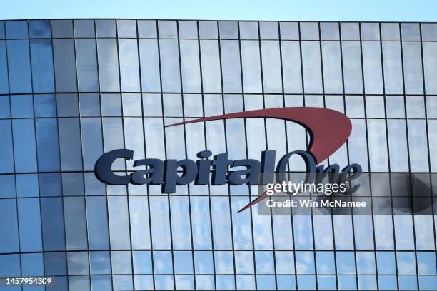 The logo for consumer lending firm Capital One Financial Corp is seen on its headquarters on January 20, 2023 in McLean, Virginia. The company has...