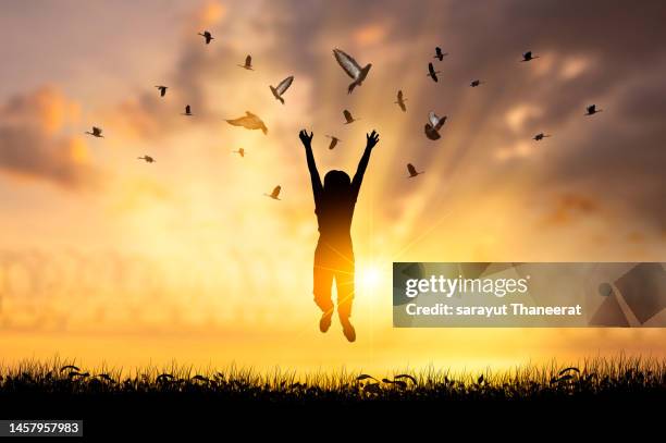 silhouette of people jumping pigeons are flying out of the barbed wire fence. concept of freedom - tranquility icon stock pictures, royalty-free photos & images