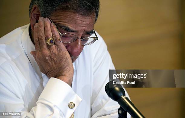 Secretary of Defense Leon Panetta dspeaks during a press gaggle on June 6, 2012 in New Delhi, India. Panetta is on a nine day visit to Asia seeking...