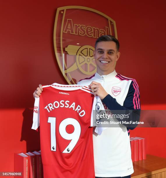 Arsenal unveil new signing Leandro Trossard at London Colney on January 20, 2023 in St Albans, England.