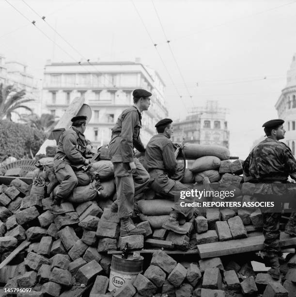 Algerian Insurgents stand at a barriacade during January 1960 in Algiers,Algeria. The insurrection started on January 24th,1960 by European...