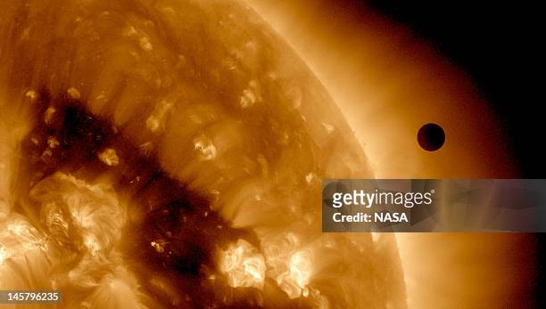 In this handout image provided by NASA, the SDO satellite captures a ultra-high definition image of the Transit of Venus across the face of the sun...