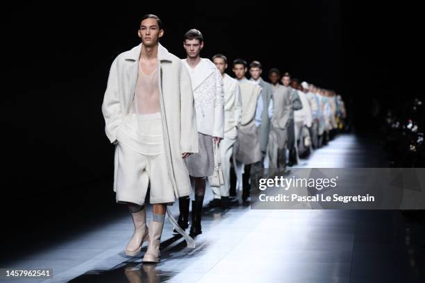 Models walk the runway during the Dior Homme Menswear Fall-Winter 2023-2024 show as part of Paris Fashion Week on January 20, 2023 in Paris, France.