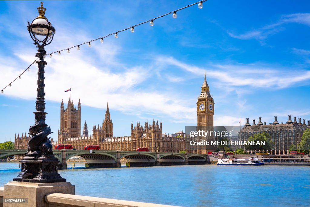 London Big Ben tower, Westminster bridge over Thames river England UK
