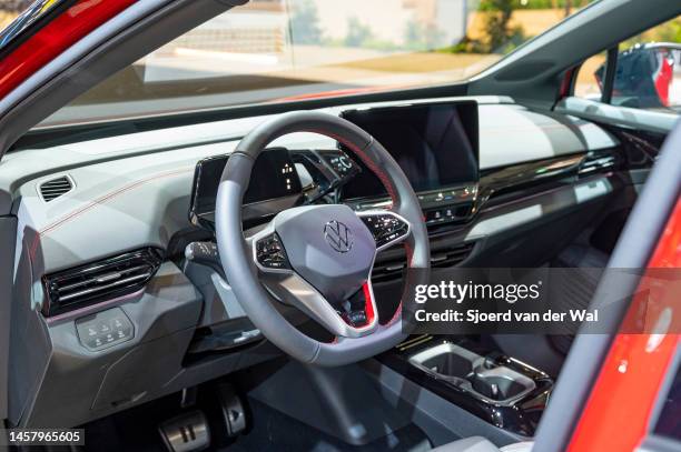 Volkswagen ID.4 full electric SUV car interior on display at Brussels Expo on January 13, 2023 in Brussels, Belgium.