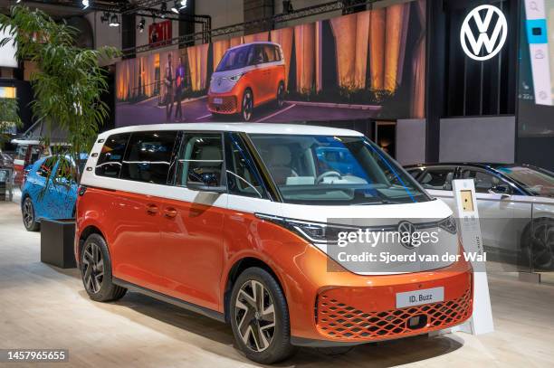 Volkswagen ID. Buzz electric Multi-purpose vehicle van on display at Brussels Expo on January 13, 2023 in Brussels, Belgium. The Volkswagen ID. Buzz...