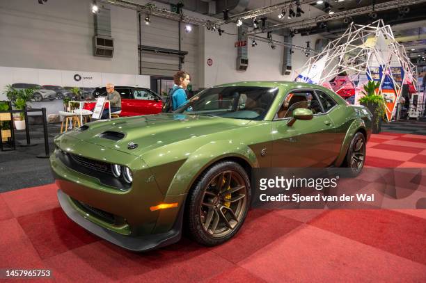 Dodge Challenger SRT Hellcat performance muscle car at Brussels Expo on January 13, 2023 in Brussels, Belgium.