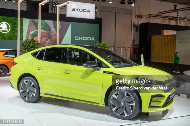 Skoday Enyaq Coupe RS IV full electric crossover SUV at Brussels Expo on January 13, 2023 in Brussels, Belgium.
