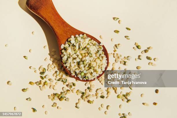 wooden spoon with purified and ground hemp seeds on beige background. hemp food supplements. flat lay, top view - hemp seed fotografías e imágenes de stock