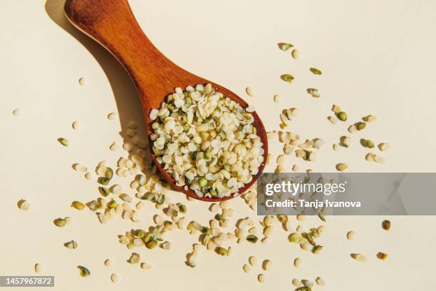 wooden spoon with purified and ground hemp seeds on beige background. hemp food supplements. flat lay, top view - hemp seed 個照片及圖片檔