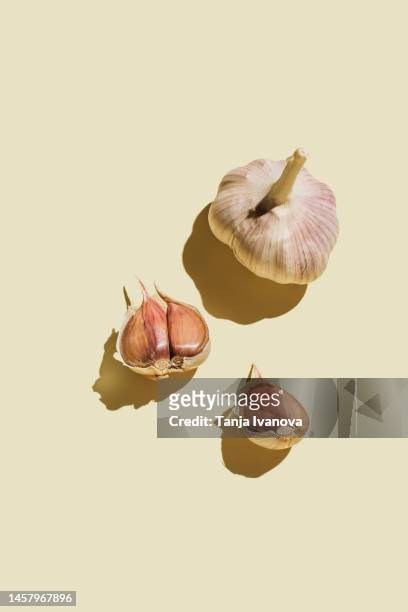 colorful seamless pattern with garlics on beige background. cooking, culinary, farming, farming and organic food concept. flat lay, top view. - garlic clove - fotografias e filmes do acervo