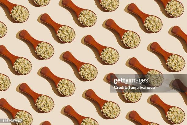 wooden spoon with purified and ground hemp seeds on beige background. pattern of hemp food supplements. flat lay, top view - fibre food stockfoto's en -beelden