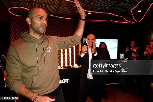 Tony Parker and Tissot CEO Sylvain Dolla speak during the Tissot x NBA Paris Game Live Bar at Accor Arena on January 19, 2023 in Paris, France.