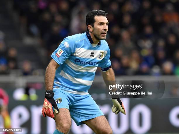 Gianluigi Buffon of Parma Calcio 1913 looks on during the Coppa Italia Frecciarossa 2022-23 match between FC Internazionale and Parma Calcio 1913 at...