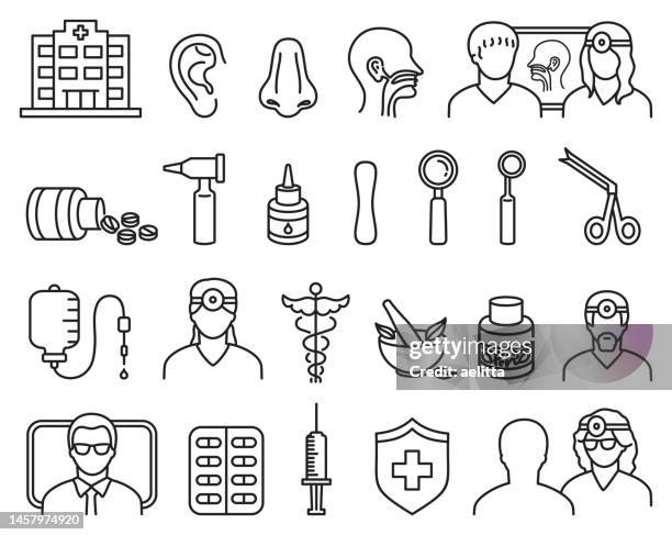 hals-nasen-ohren-heilkunde. liniensymbolsatz. medizinische symbole. - hals nasen ohrenarzt stock-grafiken, -clipart, -cartoons und -symbole