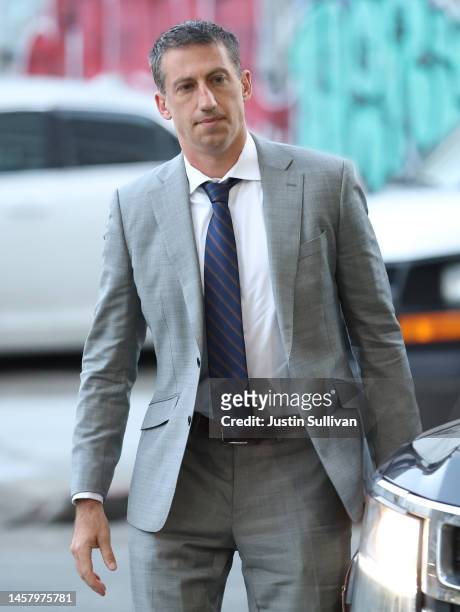 Alex Spiro, attorney for Elon Musk, arrives for the Elon Musk shareholder lawsuit trial at the Phillip Burton Federal Building on January 20, 2023 in...