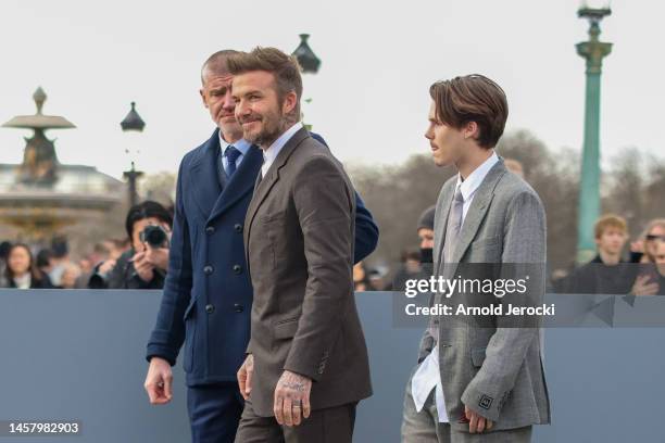 David Beckham and Cruz Beckham are seen during the Paris Fashion Week - Menswear Fall Winter 2023 2024 : Day Four on January 20, 2023 in Paris,...