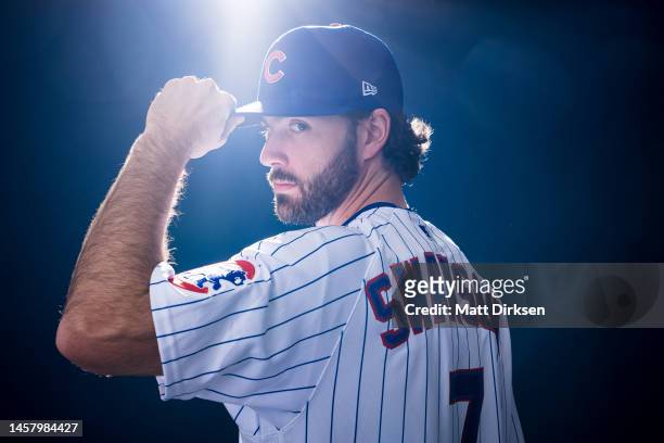 Shortstop Dansby Swanson of the Chicago Cubs poses for his first official Cubs portrait following an introductory press conference at Wrigley Field...