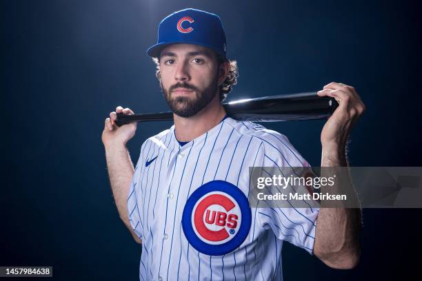 Shortstop Dansby Swanson of the Chicago Cubs poses for his first official Cubs portrait following an introductory press conference at Wrigley Field...