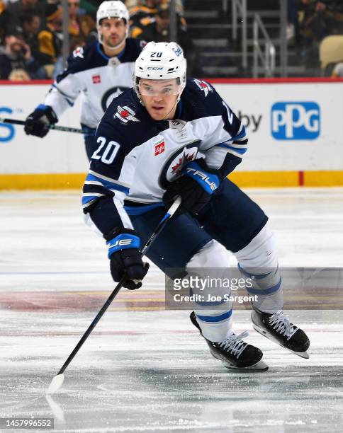 Karson Kuhlman of the Winnipeg Jets skates against the Pittsburgh Penguins at PPG PAINTS Arena on January 13, 2023 in Pittsburgh, Pennsylvania.