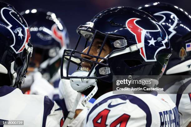 Jalen Reeves-Maybin of the Houston Texans looks on prior to the game against the Indianapolis Colts at Lucas Oil Stadium on January 08, 2023 in...