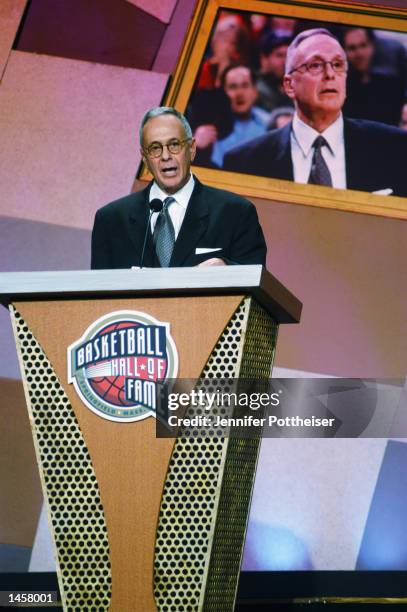 Head coach Larry Brown of the Philadelphia 76ers speaks during his induction to the Basketball Hall of Fame during a ceremony on September 27, 2002...