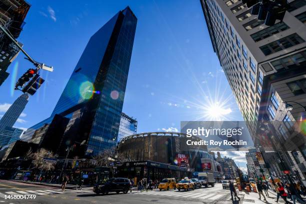 View down 8th Ave. On 34th street with Madison Square Garden on top of Penn Station in the center and Penn 1 on the left on January 18, 2023 in New...