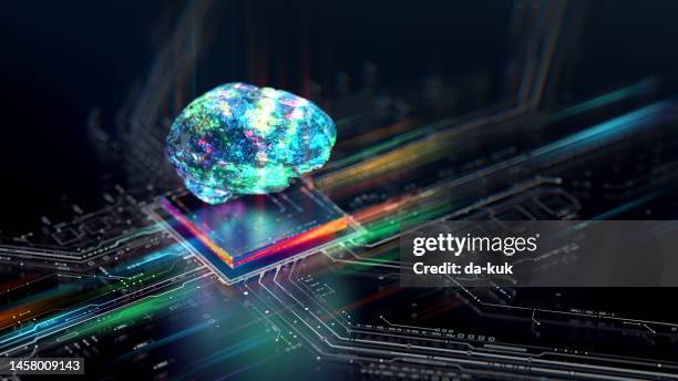 artificial intelligence concept. futuristic circuit board technology background with central computer processors and brain symbol - artificial intelligence imagens e fotografias de stock