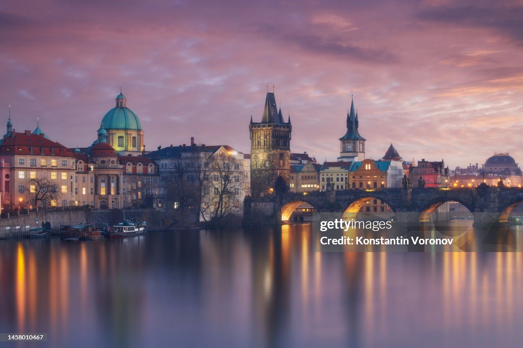 Prague city center in winter. Charles Bridge and other sights of the Czech capital