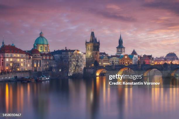 prague city center in winter. charles bridge and other sights of the czech capital - czech republic river stock pictures, royalty-free photos & images