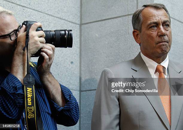 Speaker of the House John Boehner holds a brief press conference after the weekly House GOP caucus meeting at the U.S. Capitol June 6, 2012 in...