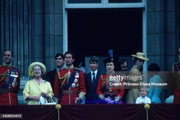 Members of the Royal Family stand on the balcony of Buckingham Palace for the Trooping of the Colour ceremony, London, England, June 14, 1980....