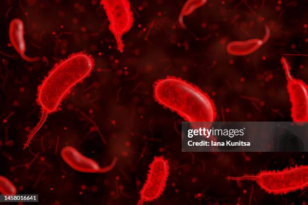 red blood cells, cancer cells on black background. poisoning, infection concept. medicine and healthcare. 3d. - helicobacter pylori stock-fotos und bilder