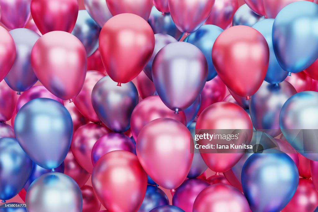 Shiny pink, purple and blue balloons. Beautiful 3D greeting background.