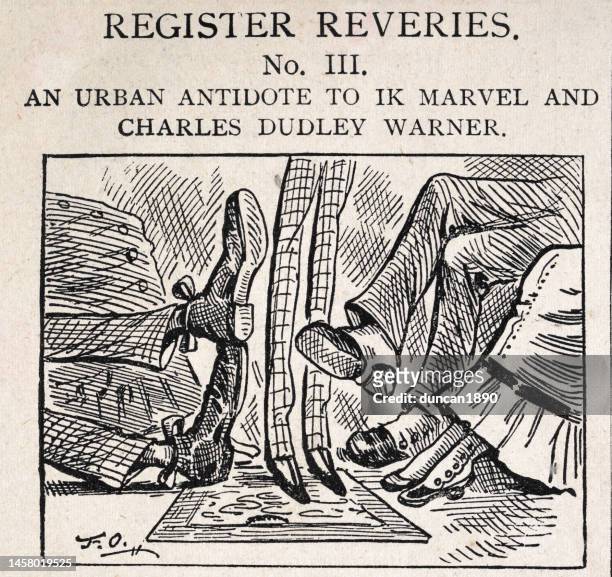 satirical american cartoon, caricatures of peoples feet and footwear, 19th century, 1884, puck - shoe boot stock illustrations