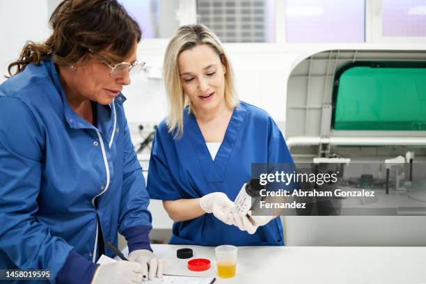 women analyzing a urine sample in a clinical analysis laboratory - analysis of urine stock-fotos und bilder