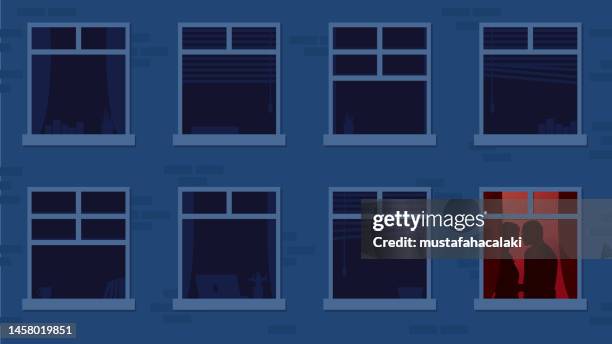 secret lovers kissing at the window - secret service agent stock illustrations