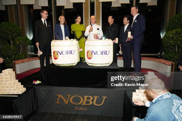 Of Kerzner International, Philippe Zuber, Meir Teper, Kendall Jenner and Nobu Matsuhisa attend the star-studded Sake Ceremony hosted by Nobu...