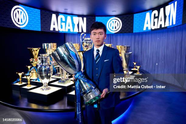 Steven Zhang president of FC Internazionale poses for a photo with the Italian Super Cup trophy at FC Internazionale Headquarters at Inter HQ on...