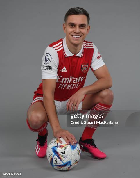 Arsenal unveil new signing Leandro Trossard at London Colney on January 20, 2023 in St Albans, England.