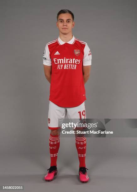 Arsenal unveil new signing Leandro Trossard at London Colney on January 20, 2023 in St Albans, England.