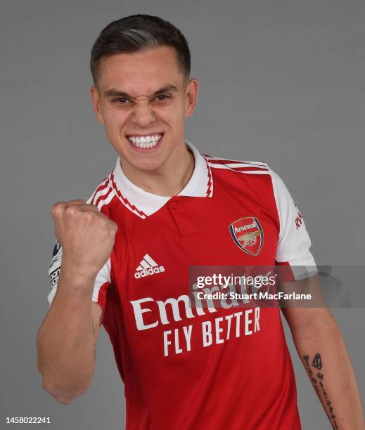 Arsenal unveil new signing Leandro Trossard at London Colney on January 20, 2023 in St Albans, England.